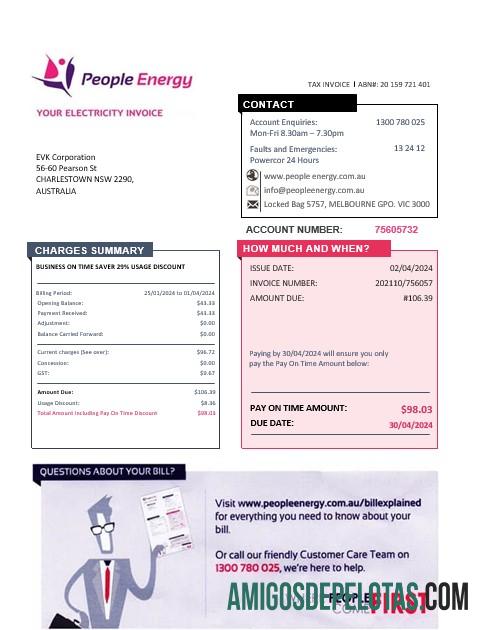 realista Modelo de conta de serviços públicos de negócios de eletricidade de pessoas da Austrália em formato Word e PDF